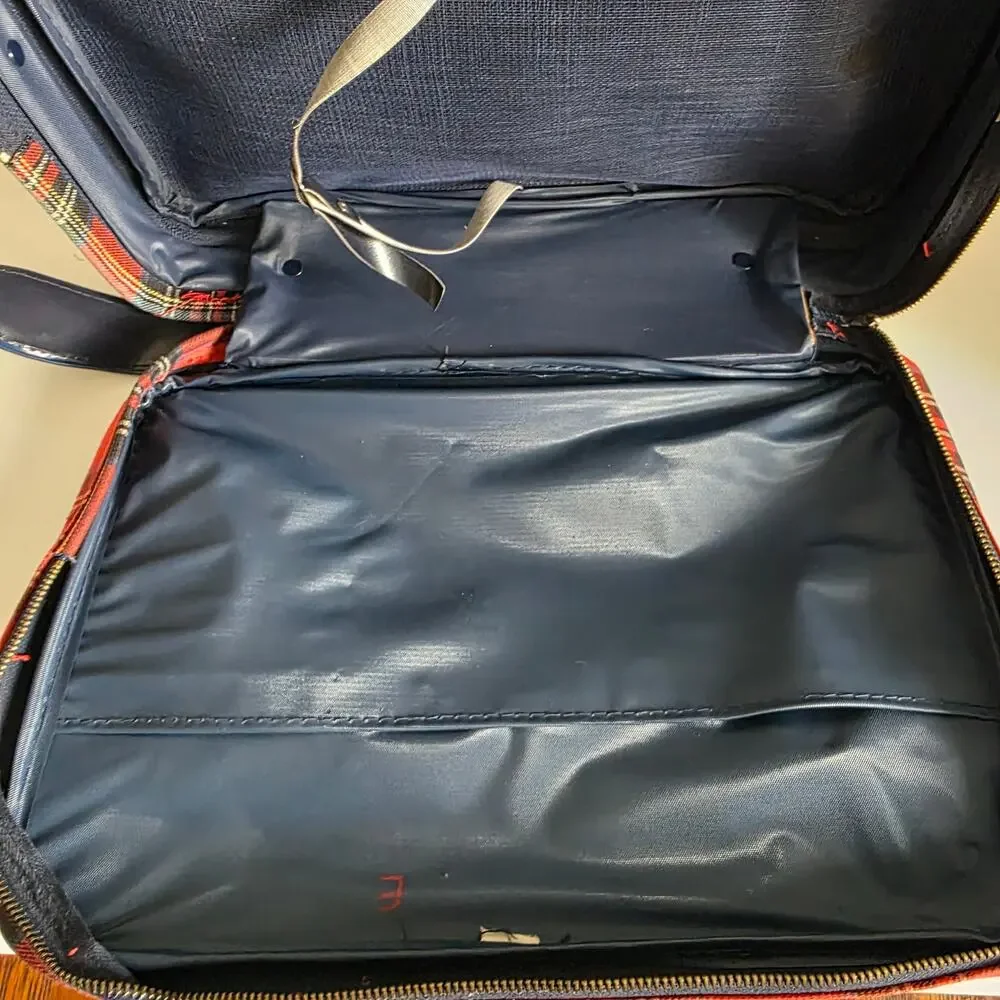 Vintage Red Plaid Travel Suitcase Carry On Luggage Train Case Locking
